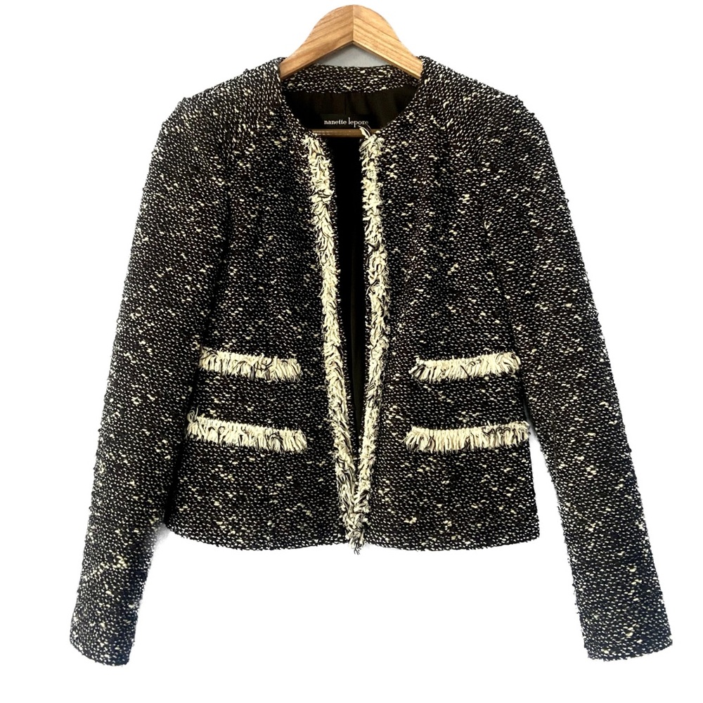 Nanette Lepore Black Speckled Tweed Fringe Blazer Jacket